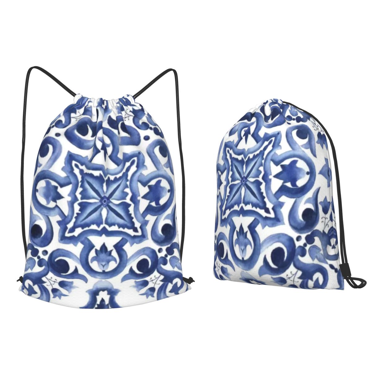 Tile Bag Drawstring - حقائب ظهر زرقاء مزخرفة بنقوش زهرية