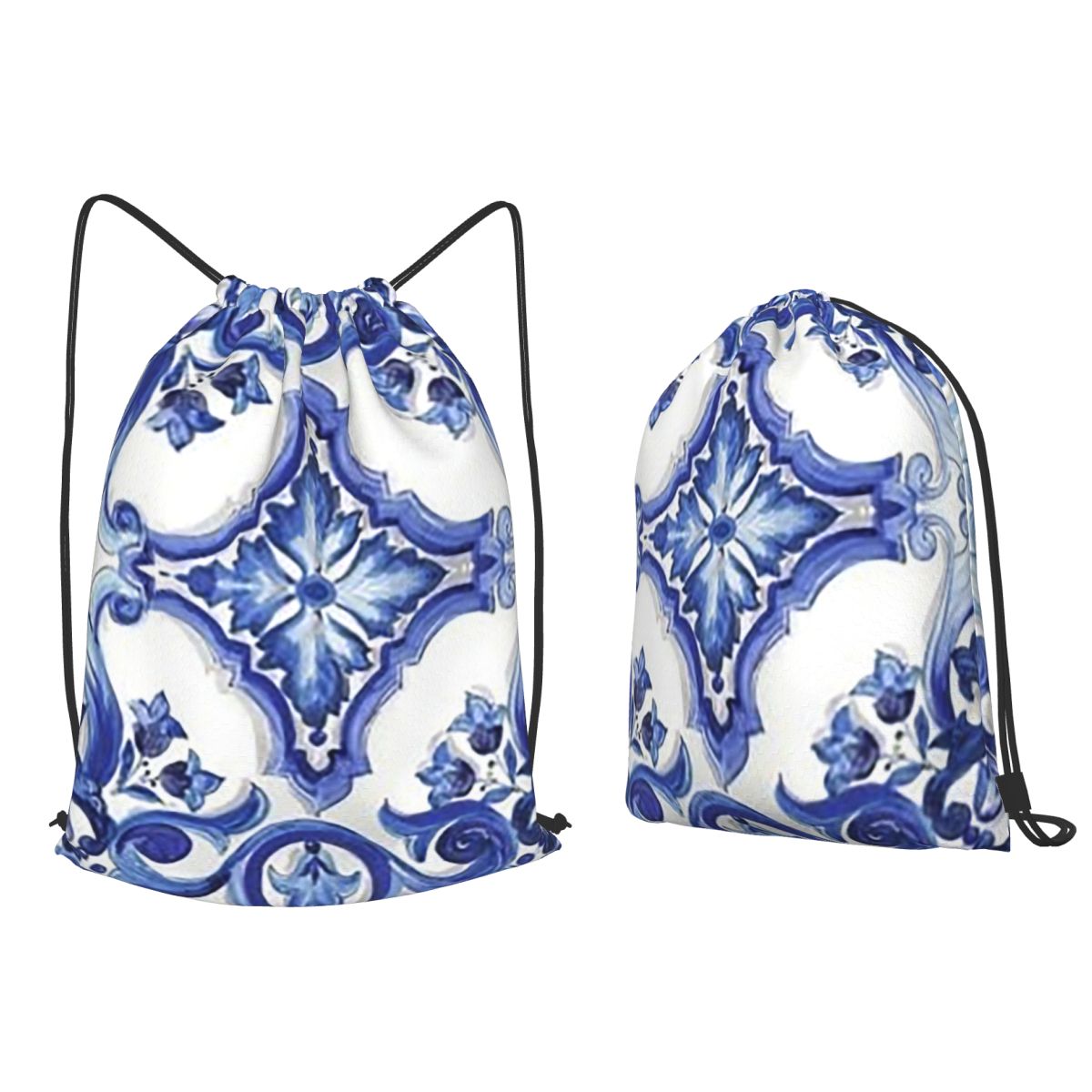 Tile Bag Drawstring - حقائب ظهر زرقاء مزخرفة بنقوش زهرية