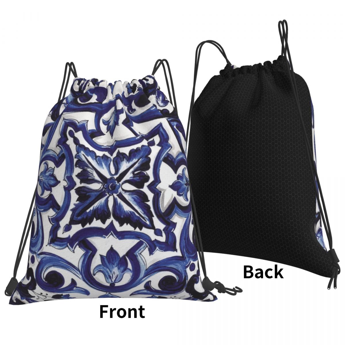 Tile Bag Drawstring - حقائب ظهر زرقاء مزخرفة بنقوش زهرية