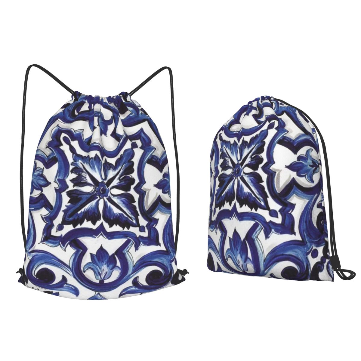 Tile Bag Drawstring - حقائب ظهر زرقاء مزخرفة بنقوش زهرية