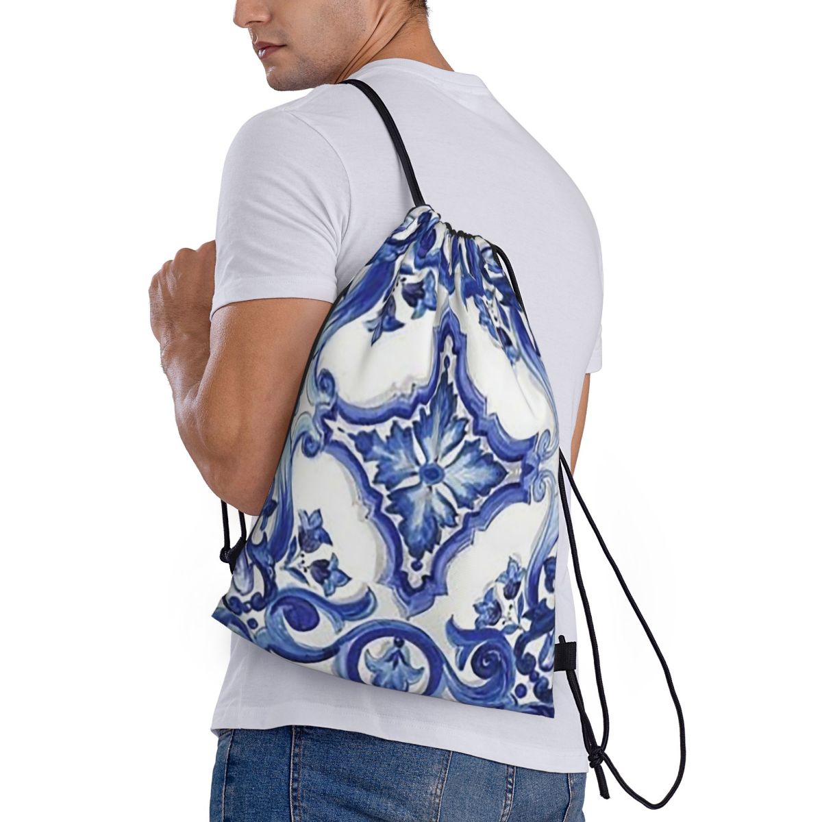 Tile Bag Drawstring - حقائب ظهر زرقاء مزخرفة بنقوش زهرية