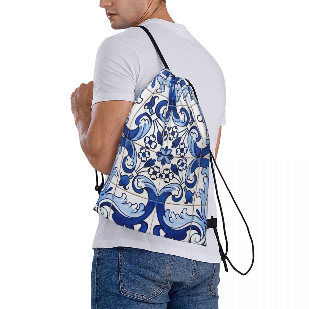 Tile Bag Drawstring - حقائب ظهر كلاسيكية عتيقة بنمط أزهار