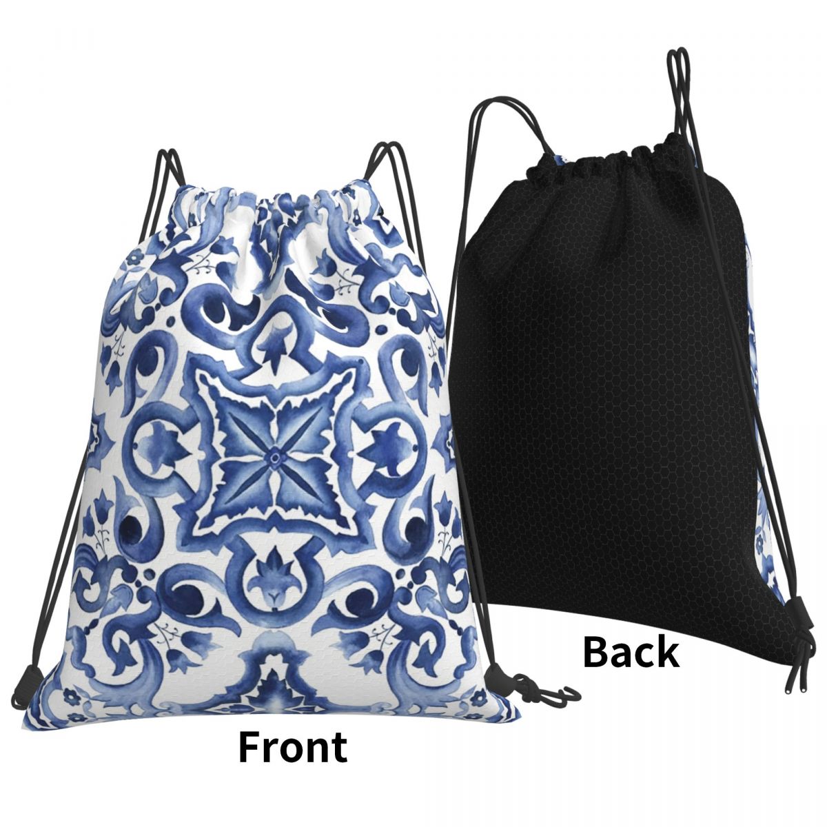 Tile Bag Drawstring - حقائب ظهر زرقاء مزخرفة بنقوش زهرية