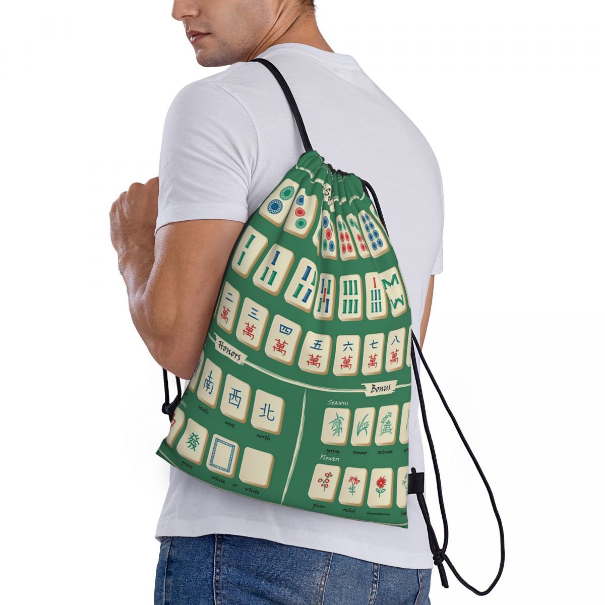 Tile Bag Drawstring - حقائب ظهر بنمط بلاط الماهجونغ، حقائب