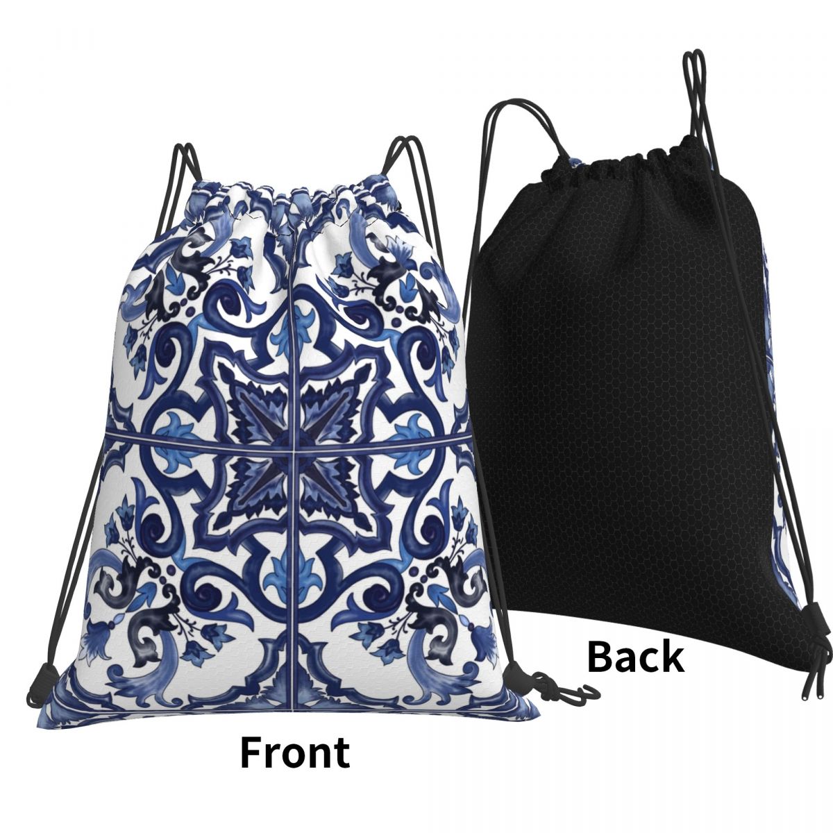 Tile Bag Drawstring - حقائب ظهر زرقاء مزخرفة بنقوش زهرية