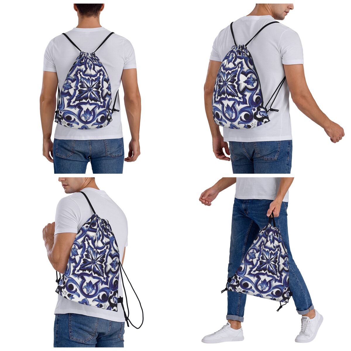 حقائب ظهر زرقاء مزخرفة بنقوش ز - مراجعة Tile Bag Drawstring وسعره