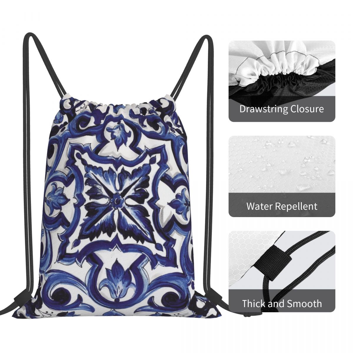 حقائب ظهر زرقاء مزخرفة بنقوش ز - مراجعة Tile Bag Drawstring وسعره