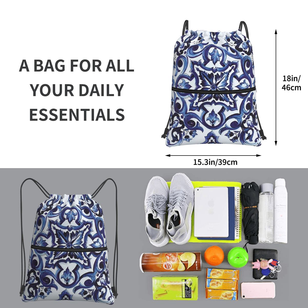 حقائب ظهر زرقاء مزخرفة بنقوش ز - مراجعة Tile Bag Drawstring وسعره