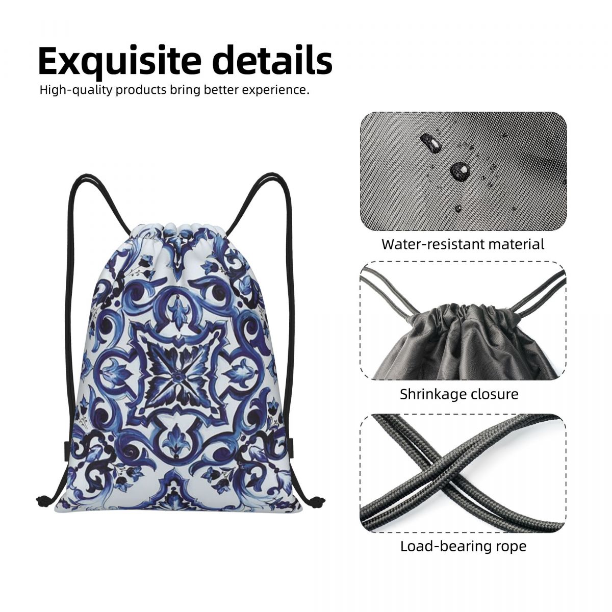 حقائب ظهر زرقاء مزخرفة بنقوش ز - مراجعة Tile Bag Drawstring وسعره