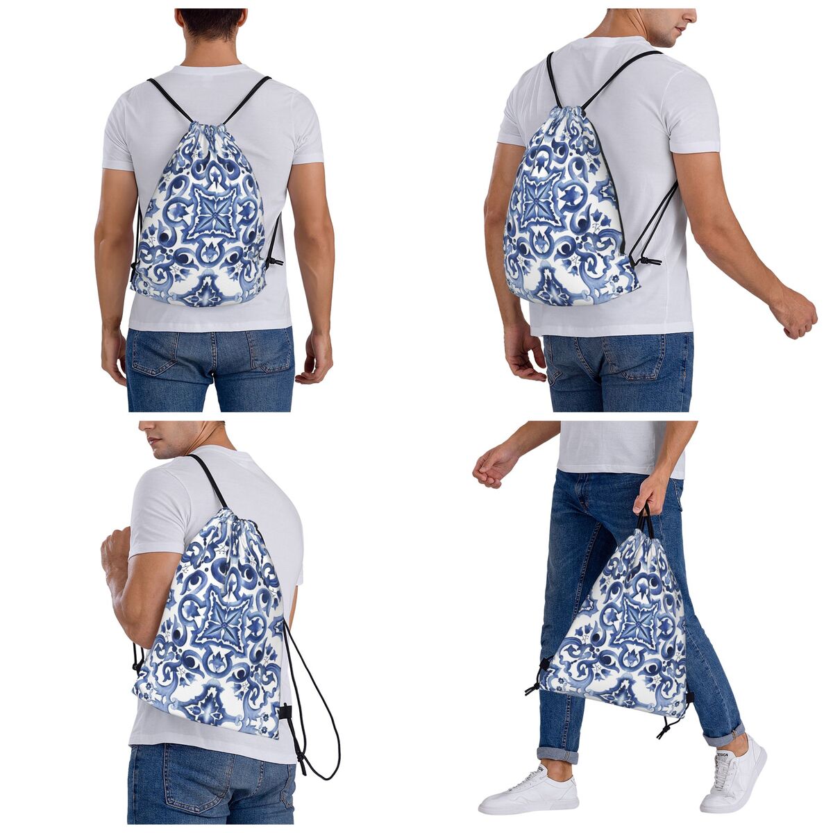 حقائب ظهر زرقاء مزخرفة بنقوش ز - مراجعة Tile Bag Drawstring وسعره