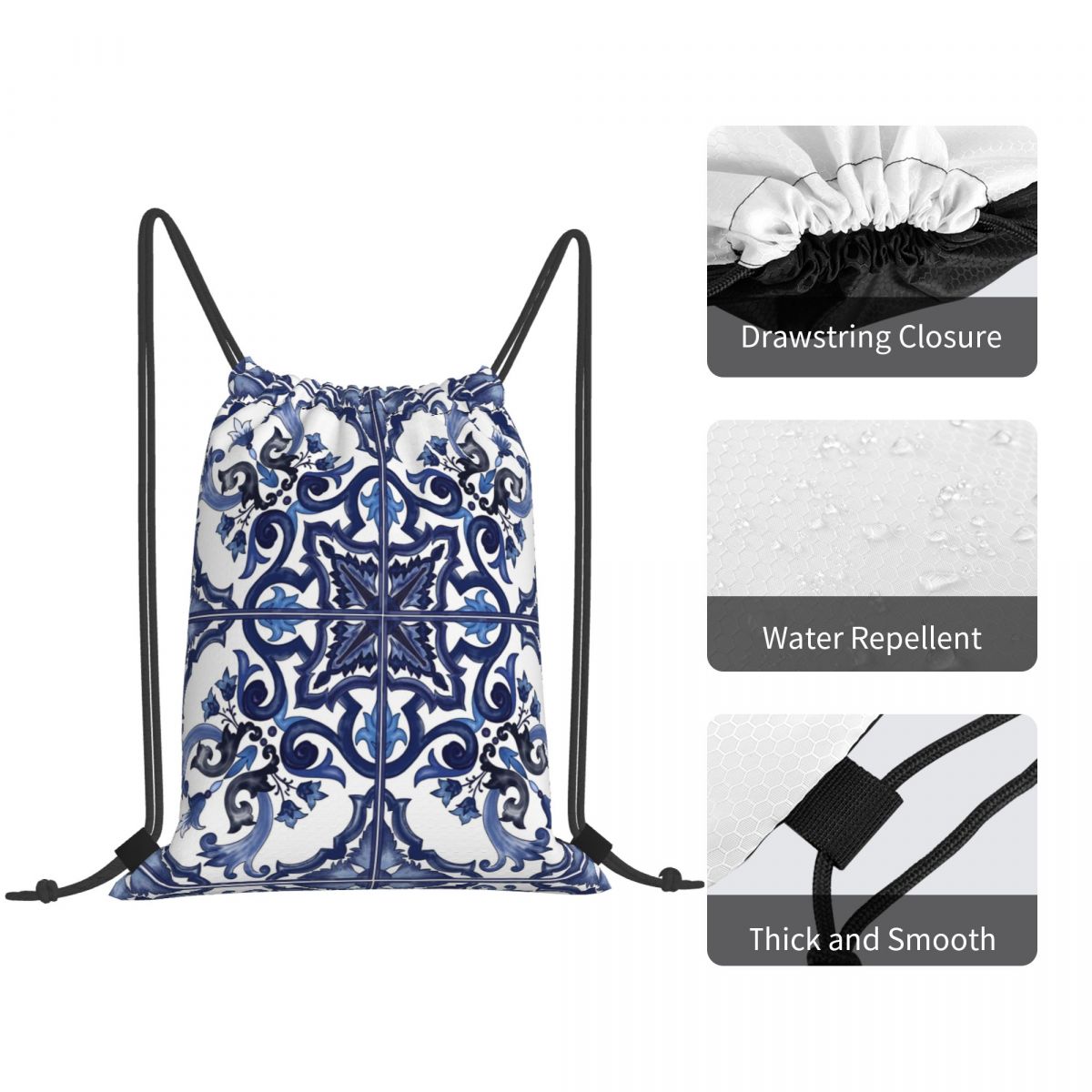 حقائب ظهر زرقاء مزخرفة بنقوش ز - مراجعة Tile Bag Drawstring وسعره