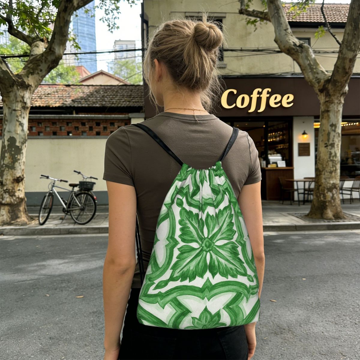 حقائب ظهر خضراء مزخرفة بنقوش ز - مراجعة Tile Bag Drawstring وسعره