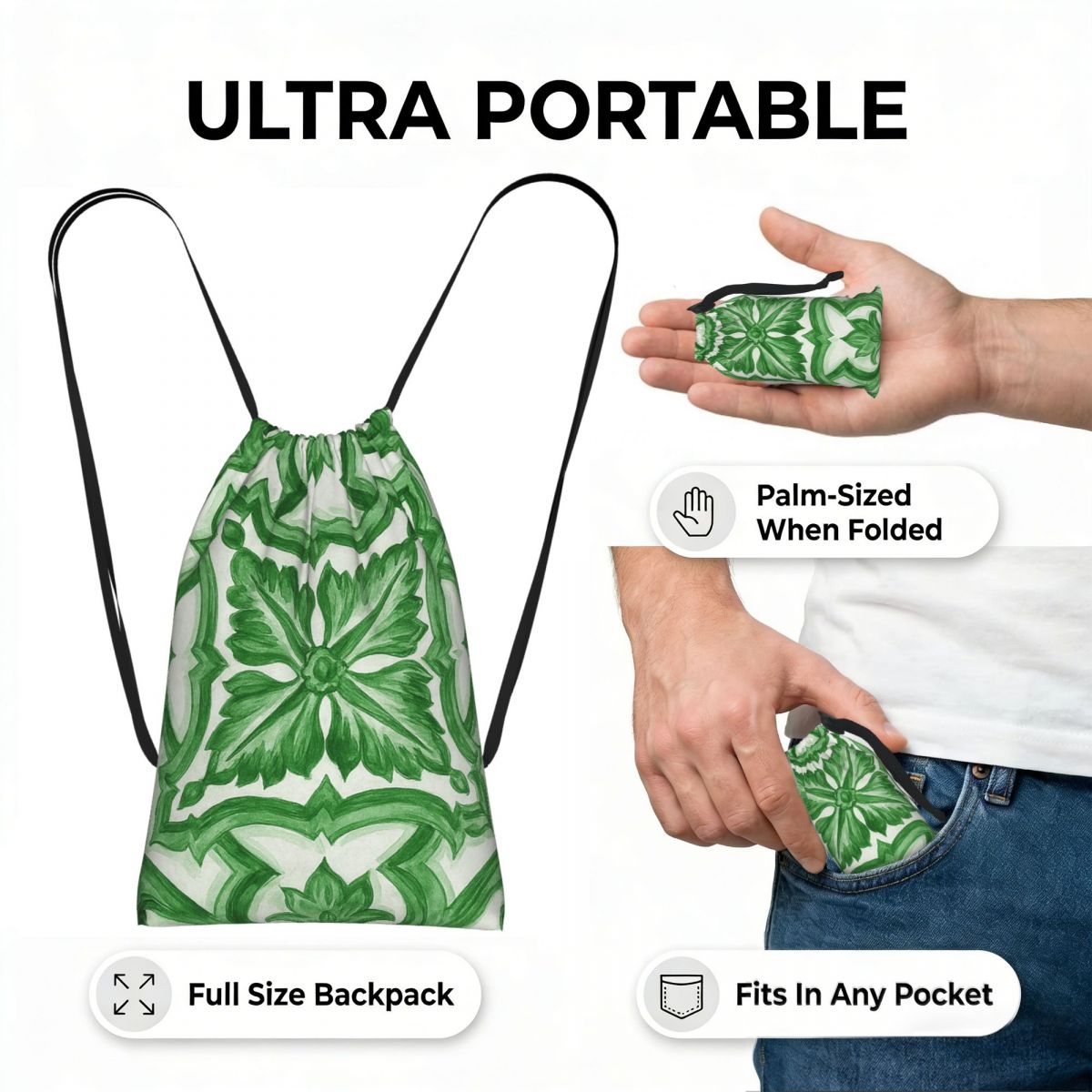 حقائب ظهر خضراء مزخرفة بنقوش ز - مراجعة Tile Bag Drawstring وسعره